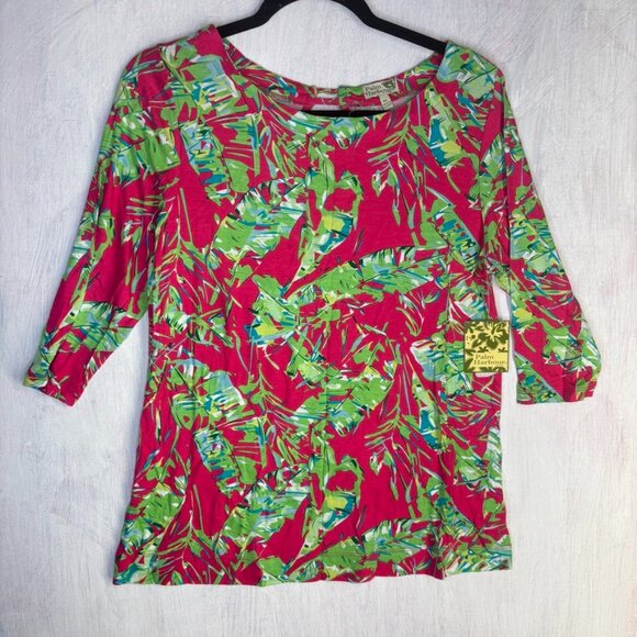 Womens Blouse size LP Pink green Palm Harbour floral 3/4 Sleeves stretch - Picture 1 of 10
